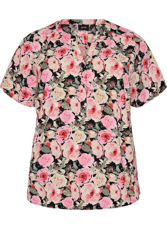 Blouse with short sleeves and v-neck, Rose, Packshot image number 0
