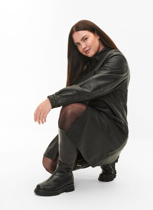 Leather dress with long sleeves and button fastening, Black, Model image number 3