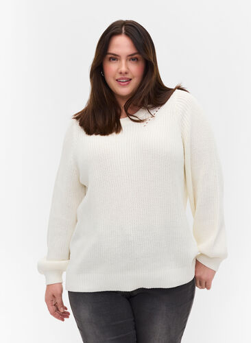 Knitted blouse with long sleeves and hole pattern , Cloud Dancer Mel., Model image number 0