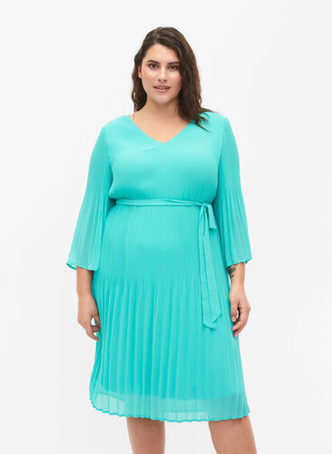 Pleated dress with 3/4 sleeves, Turquoise, Model image number 0
