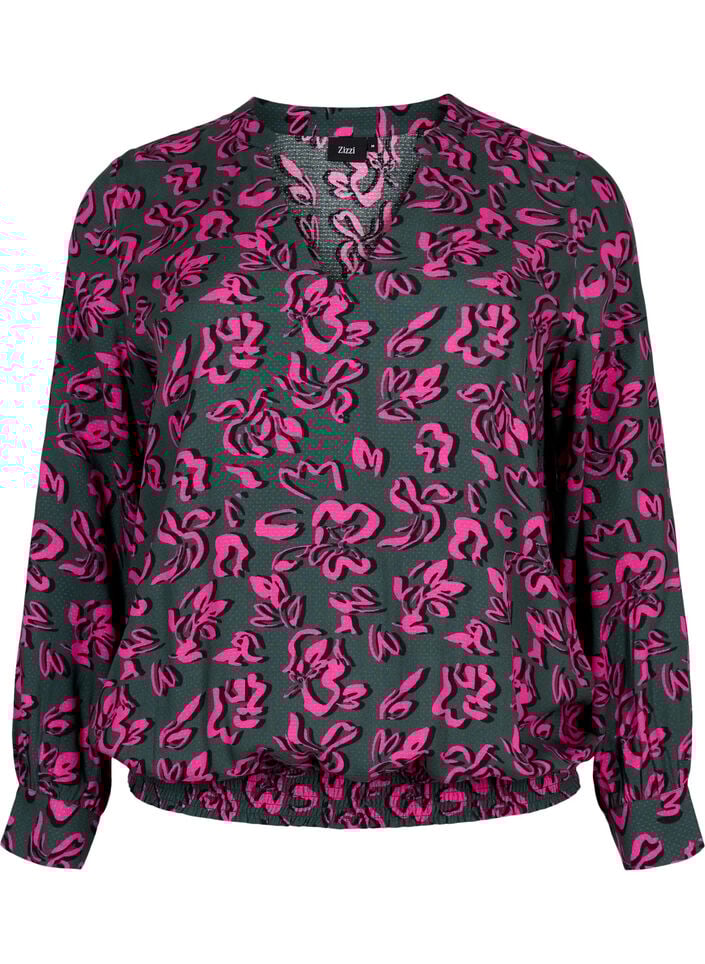 Long sleeved viscose blouse with smock, Deep Forest AOP, Packshot image number 0