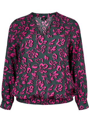 Long sleeved viscose blouse with smock, Deep Forest AOP, Packshot image number 0