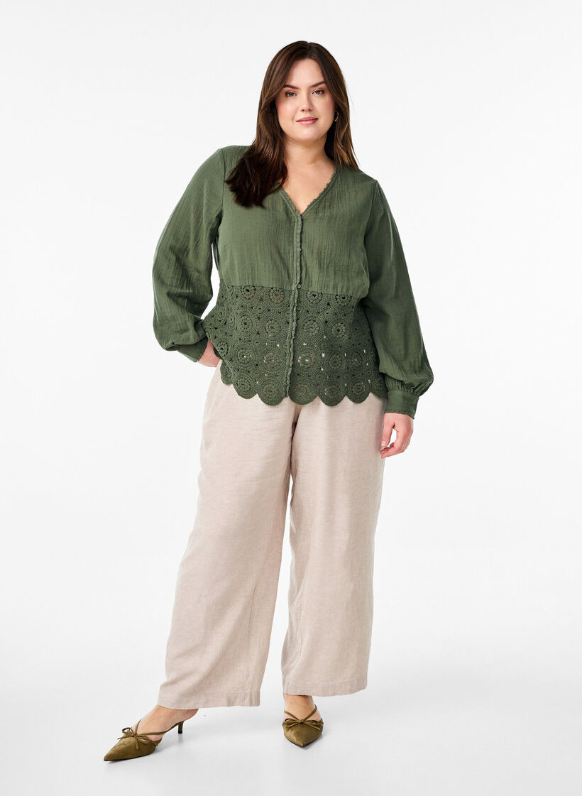 Cotton muslin shirt blouse with crochet details, Green, Model image number 1
