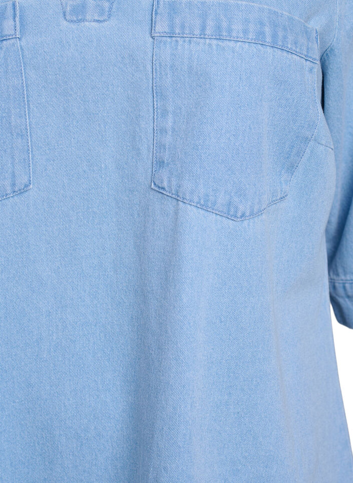 Short denim dress with a collar and V-neck, Light Blue, Packshot image number 2
