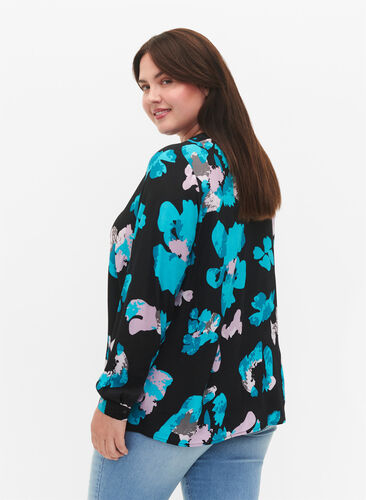 Long-sleeved viscose blouse with print, Blue AOP, Model image number 1