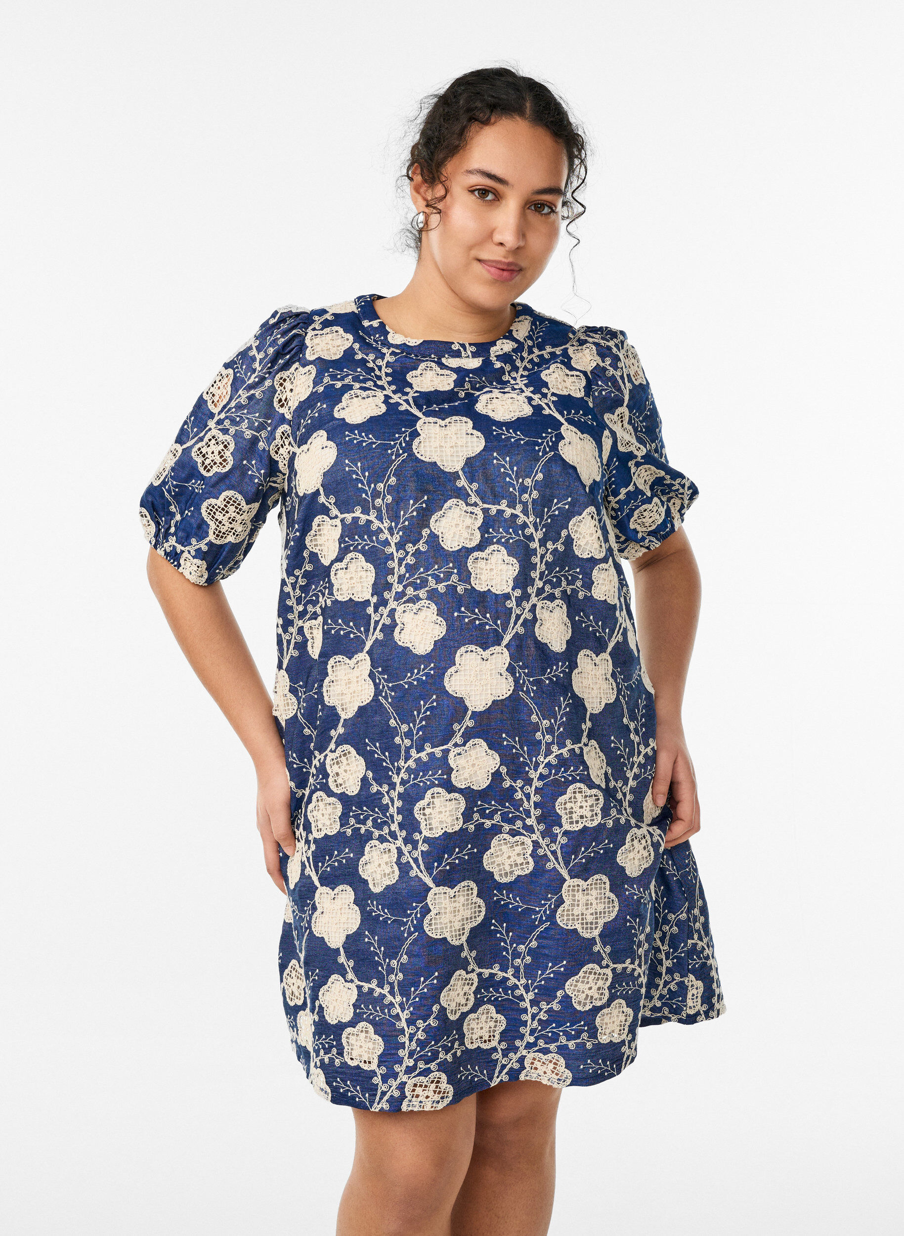 Zizzifashion Short A-line dress with an embroidered pattern, Blue, Model image number 0