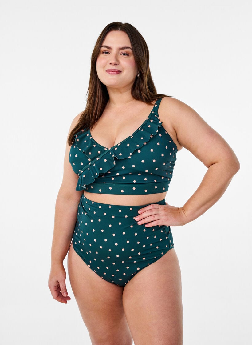Bikini top with polka dots and ruffle details, Green, Image image number 0