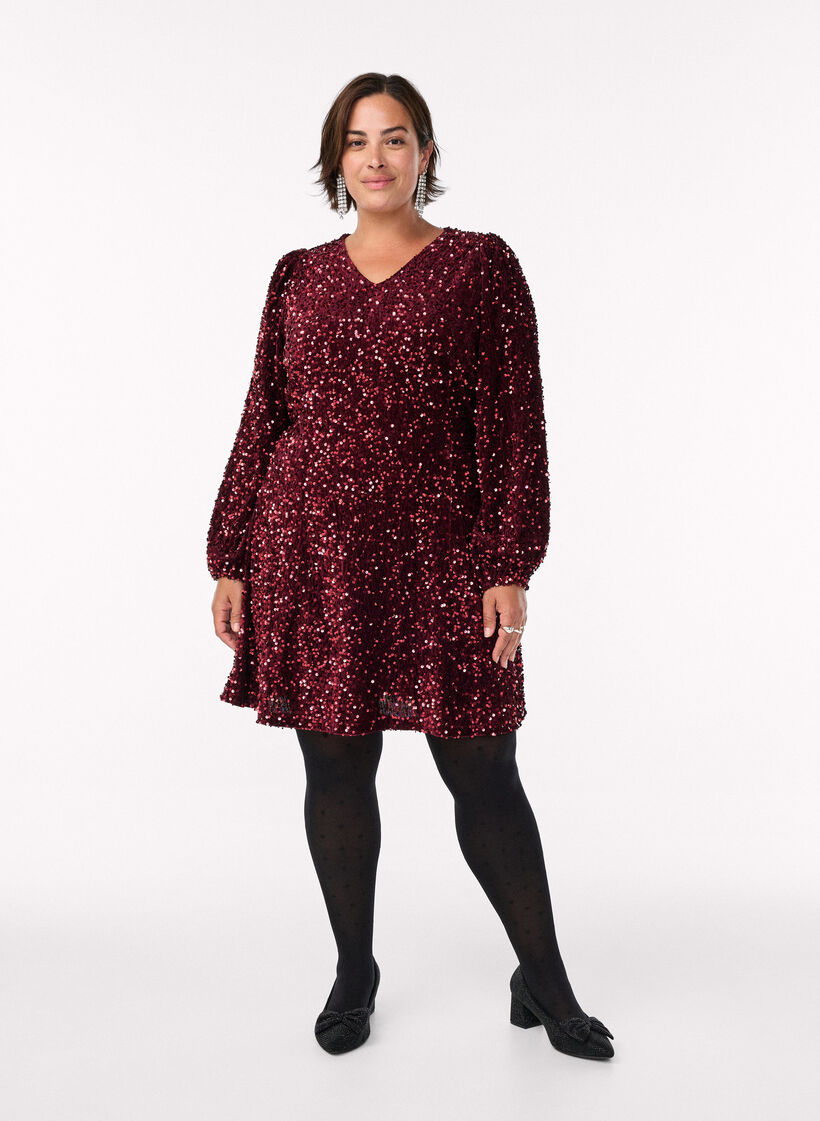 Short A-line sequin dress, Red, Model image number 1