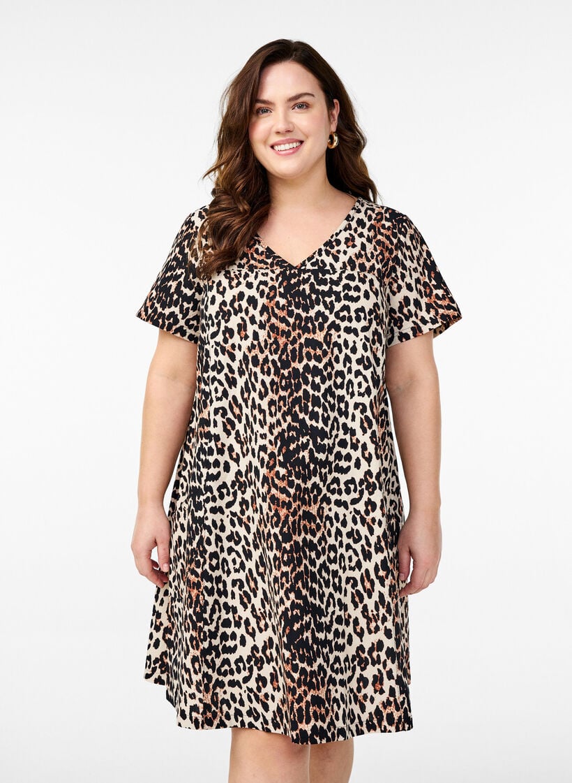 Short A-line dress with leopard print, Brown, Model image number 0