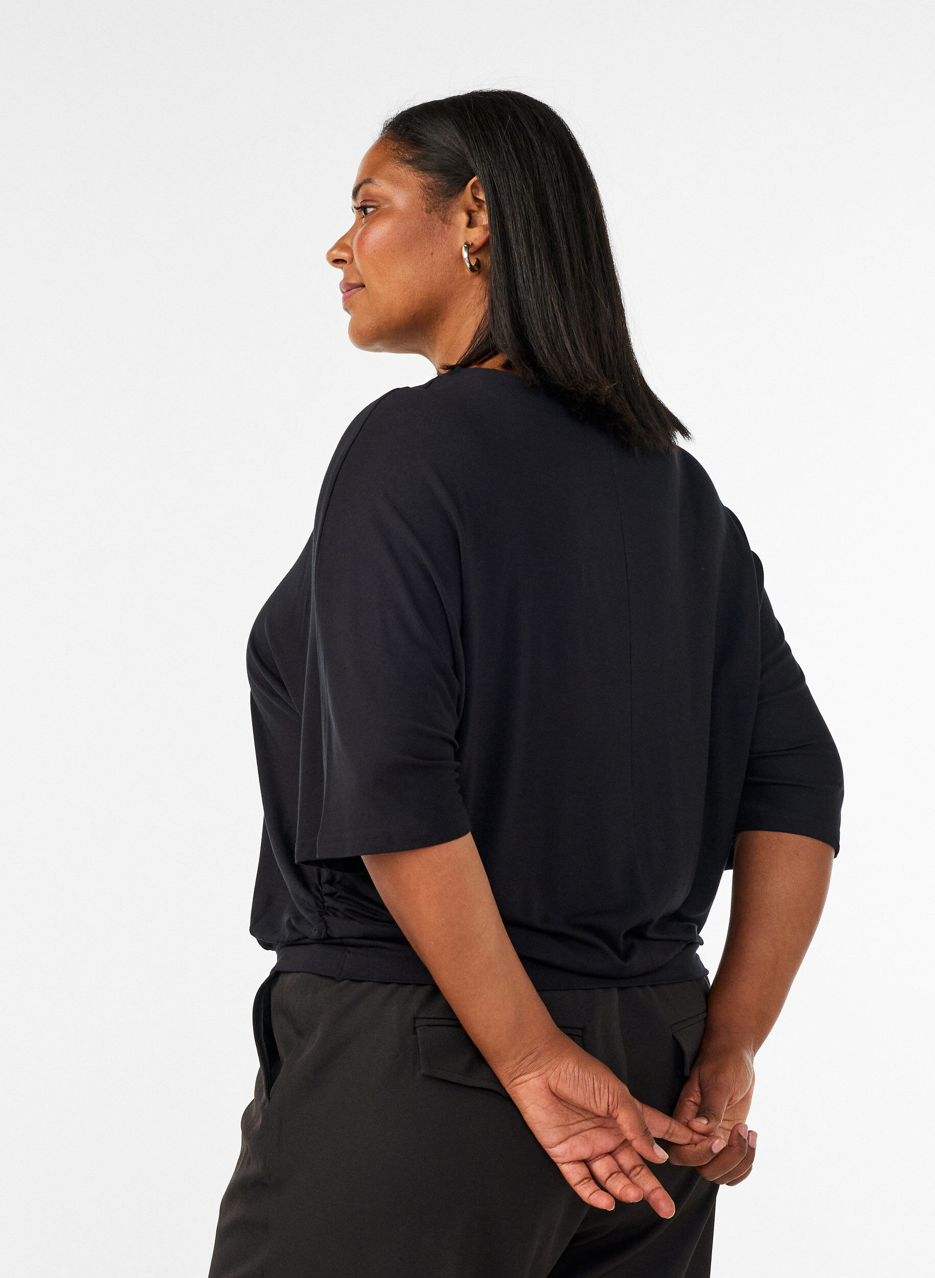 ZizzifashionJersey blouse with elbow-length balloon sleeves, Black, Model image number 2