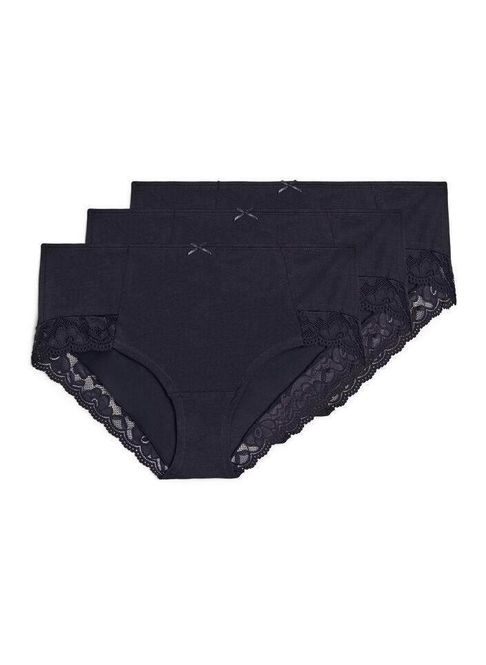 3-pack hipster knickers with lace trim, Black, Packshot image number 0