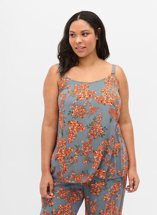 Printed viscose top with an A-line cut, Balsam Green Flower, Model image number 0