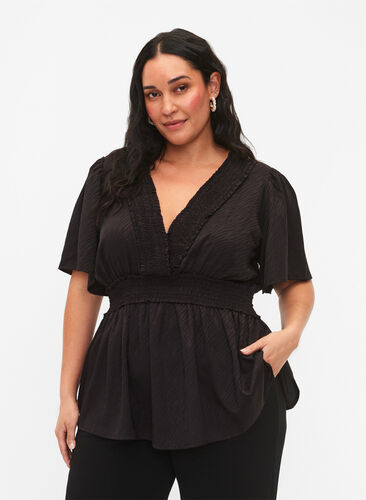 Short sleeve blouse with smock details, Black, Model image number 0