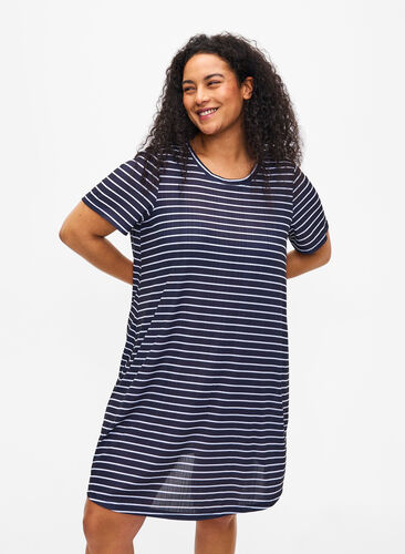 FLASH - Striped dress with short sleeves, Night S. W. Stripe, Model image number 0