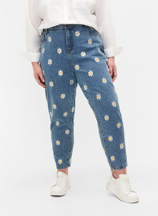 Cropped Mille jeans with embroidered flowers, Light Blue Flower, Model image number 2
