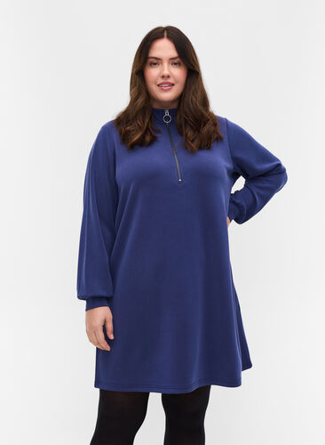 Sweat tunic with high neck and zip details, Medieval Blue, Model image number 0