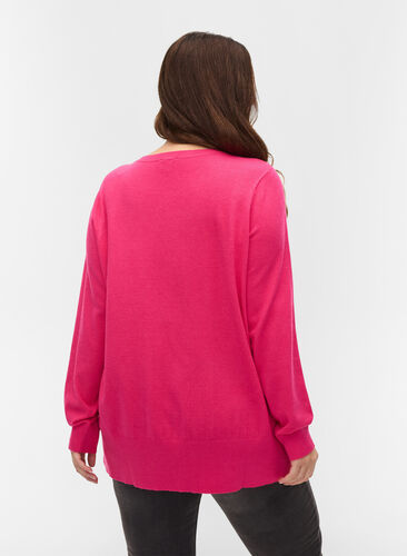 Knitted ribbed sweater with slit, Fuchsia Purple, Model image number 1