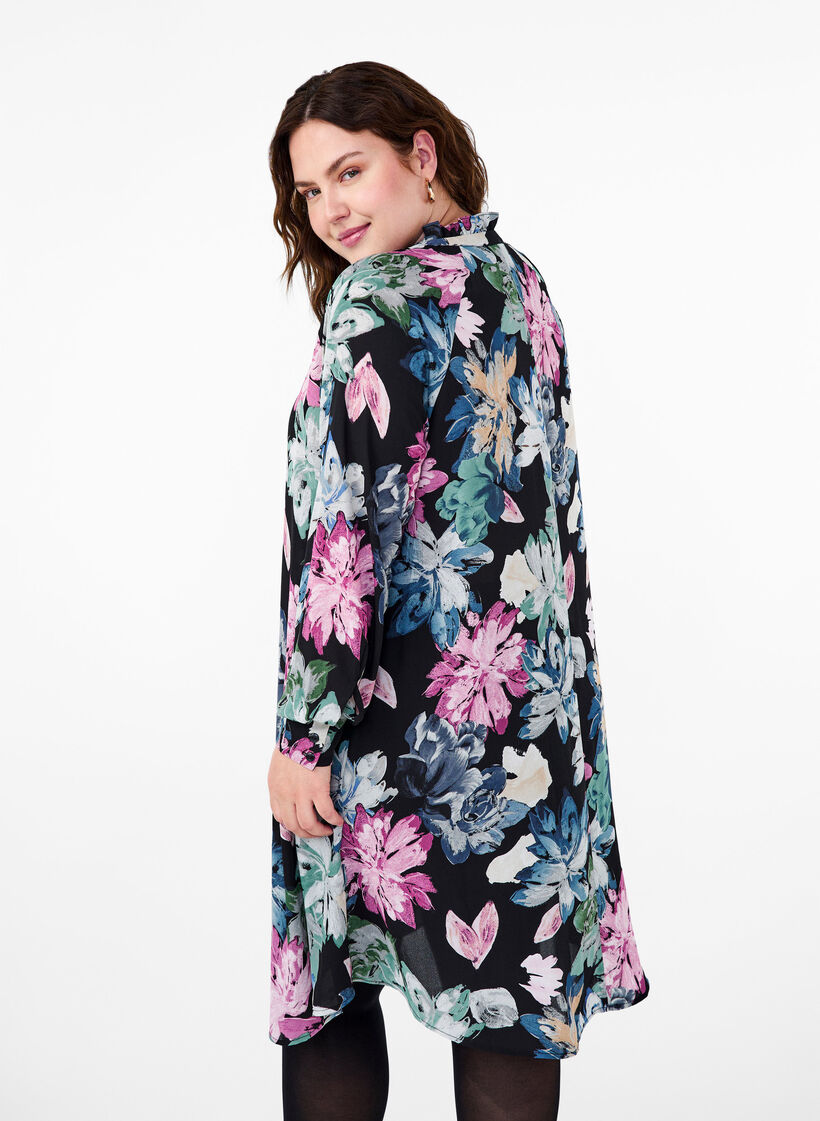 Long-sleeved dress with floral print, Rose Flower AOP, Model image number 1