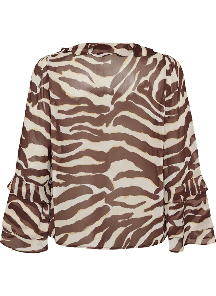 Chiffon blouse with zebra print and ruffles, Brown, Packshot image number 1