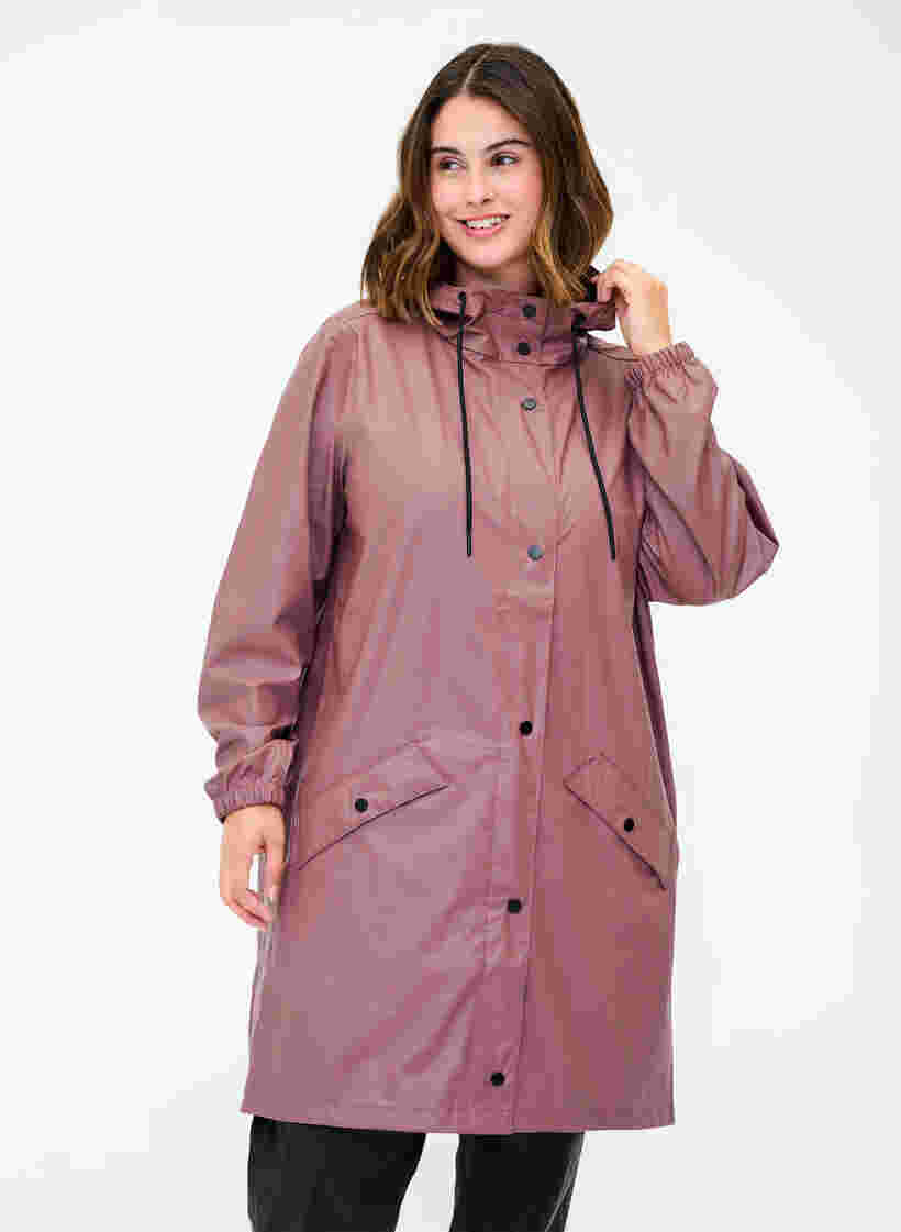 Rain jacket with hood and button fastening, Rose Taupe, Model