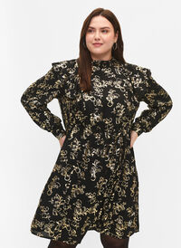 Long-sleeved dress with ruffles and foil print, Black Foil AOP, Model