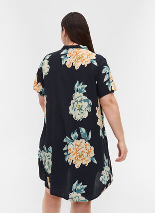 Printed viscose tunic with buttons, Roses on Navy, Model image number 1
