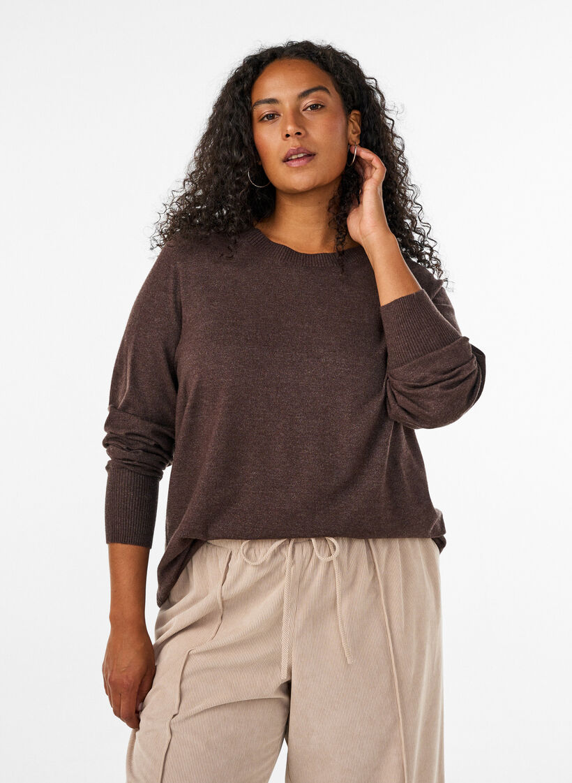 Knitted blouse with a round neck, Brown, Model image number 0