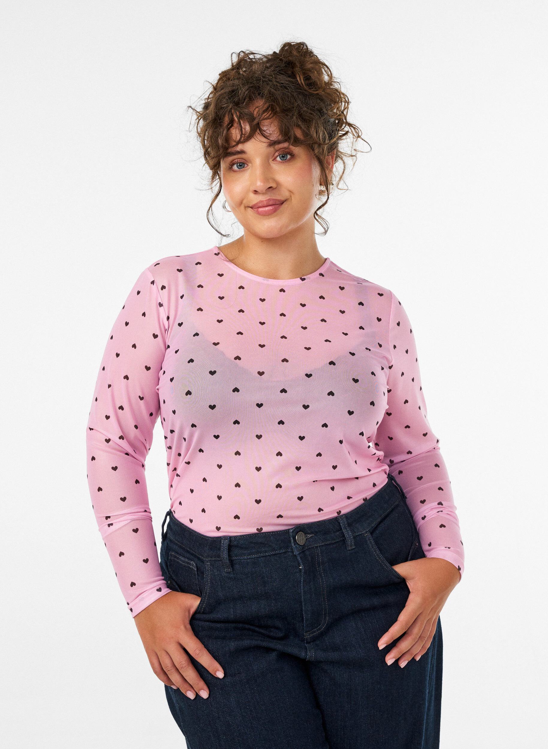 ZizzifashionMesh blouse with print, Pink, Model image number 0