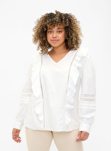 Blouse with ruffles and lace trim, Bright White, Model image number 0