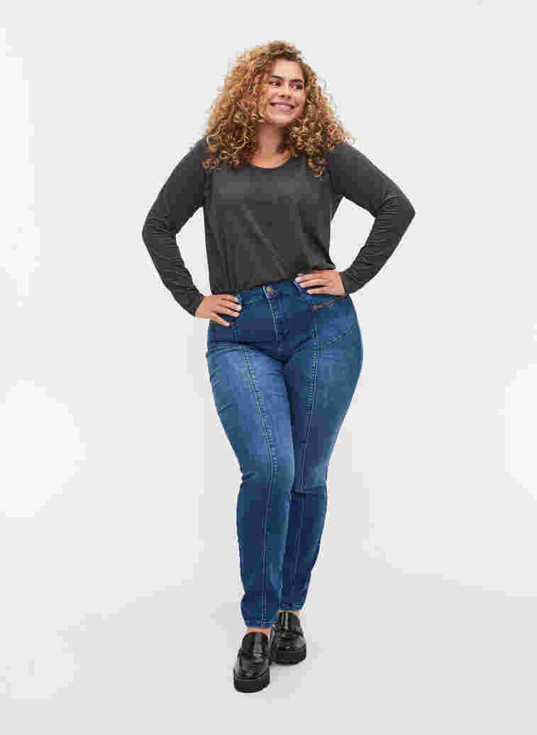 High rise, dual core Amy jeans, Blue denim, Model image number 0