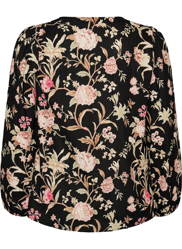 Floral blouse in linen and viscose with long sleeves, Black, Packshot image number 1