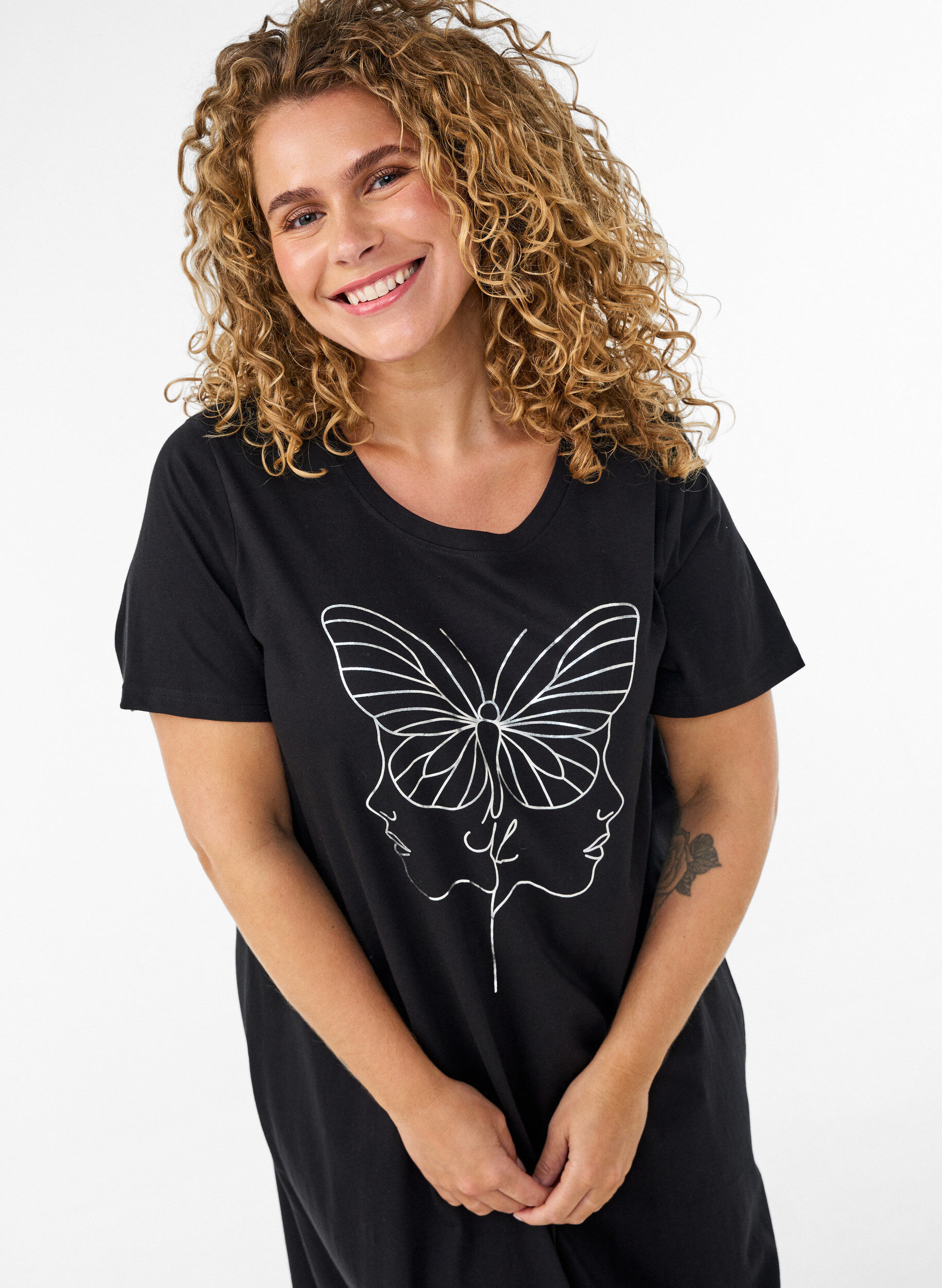 ZizzifashionMidi nightgown in organic cotton, Black, Model image number 2