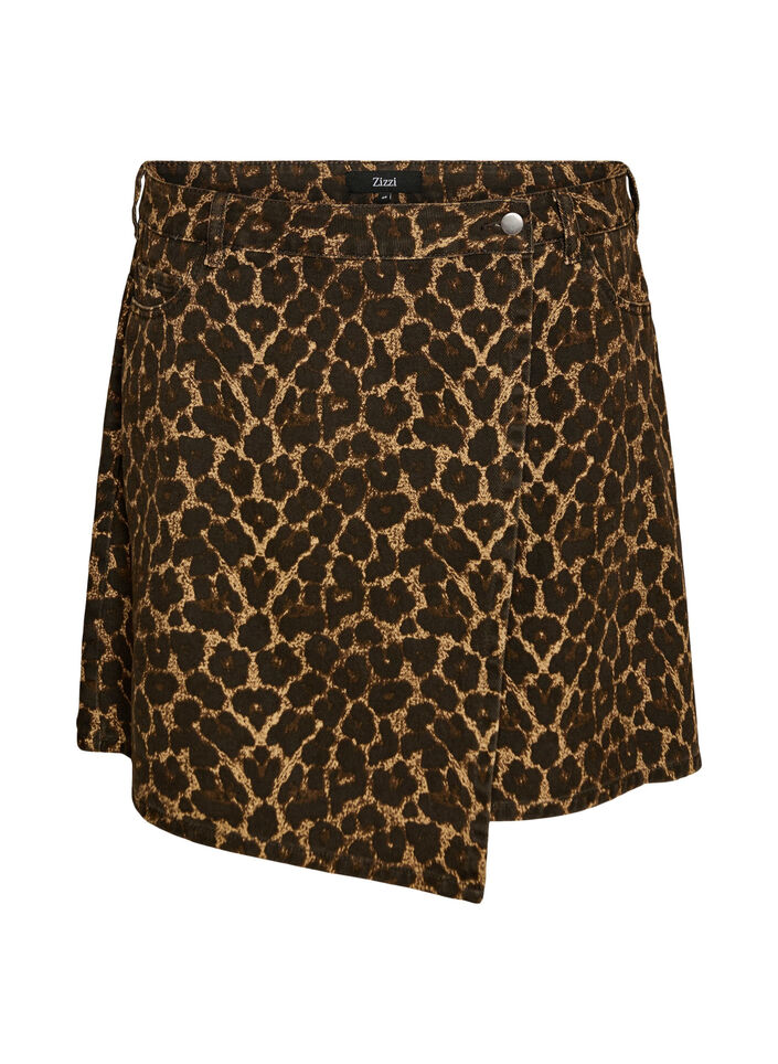Short denim skirt with leopard print and an A-line shape, Brown, Packshot