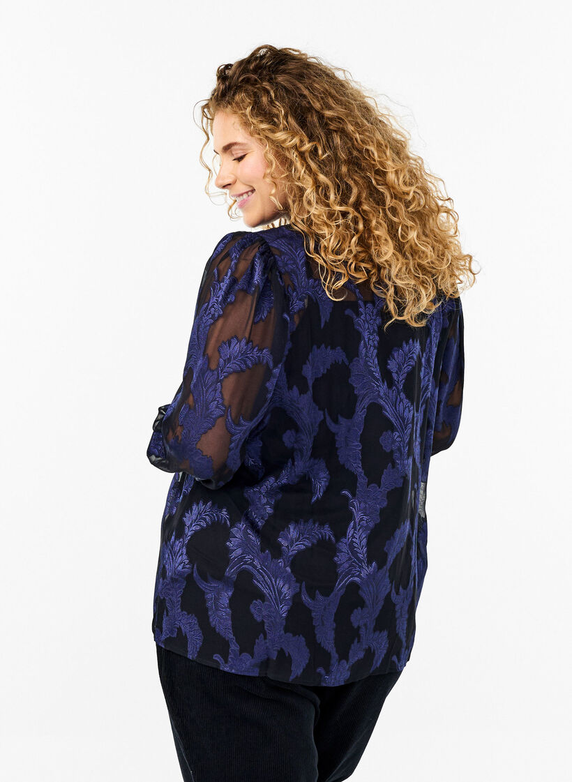 Chiffon blouse with jacquard pattern, Evening Blue, Model image number 1