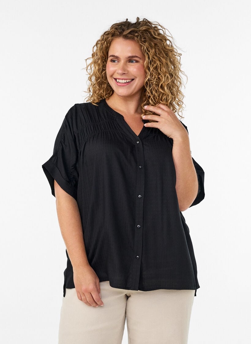 Viscose shirt with short sleeves and ruched detail, Black, Model image number 0