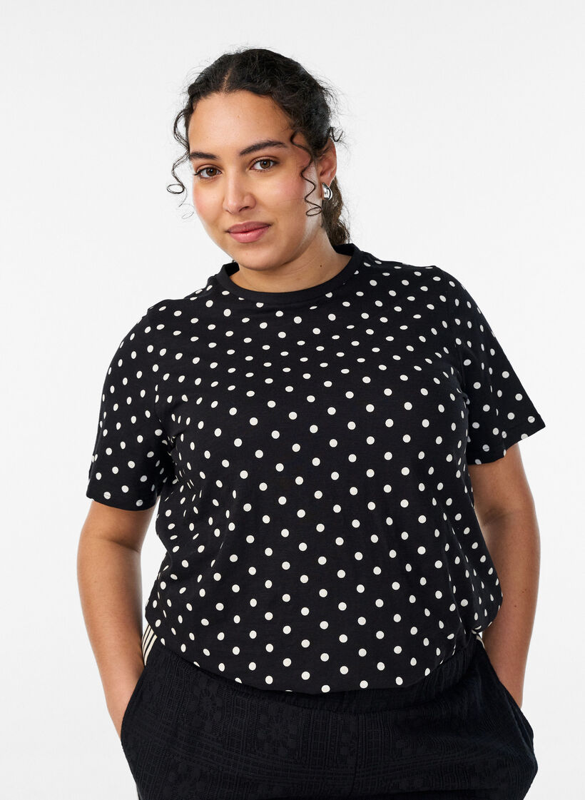 Polka dot cotton T-shirt, Black, Model image number 0