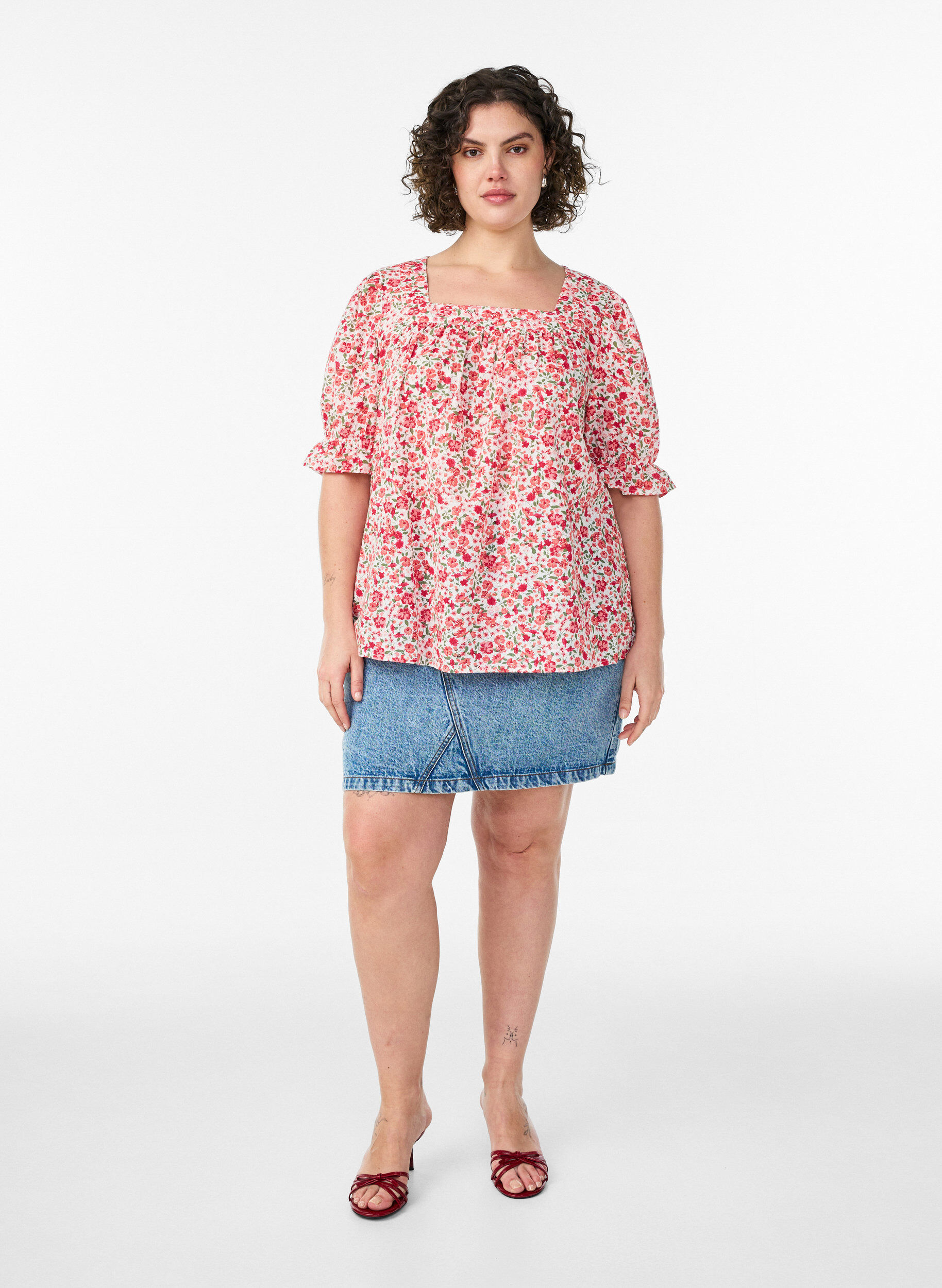 ZizzifashionCotton blouse with a square neckline, Red, Model image number 1