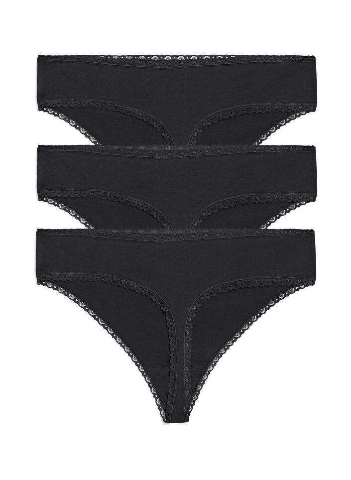 3-pack thong with lace edges, Black, Packshot image number 1