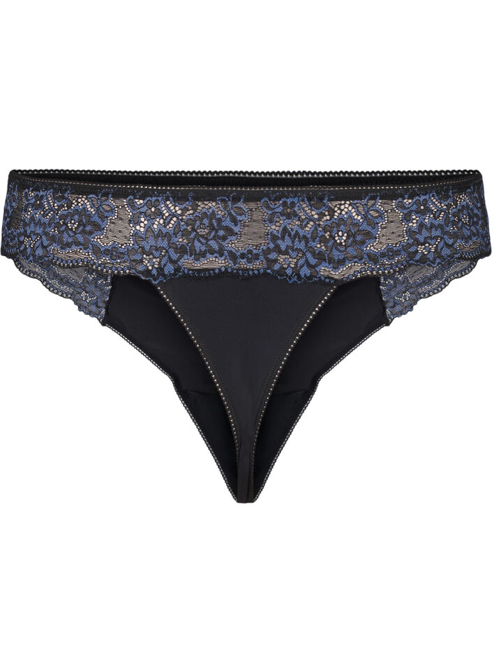 Microfibre G-string with lace, Black w Blue, Packshot image number 1