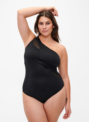 One-shoulder swimsuit with mesh details, Black, Model image number 0