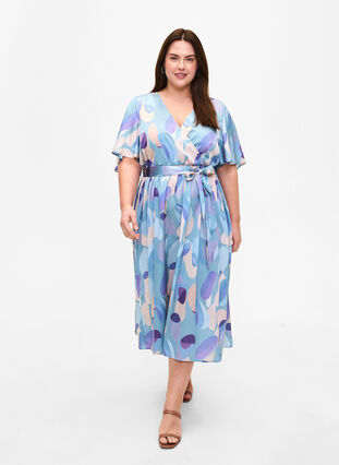 Short sleeve satin dress with print and tie, Gray mist AOP, Model image number 0
