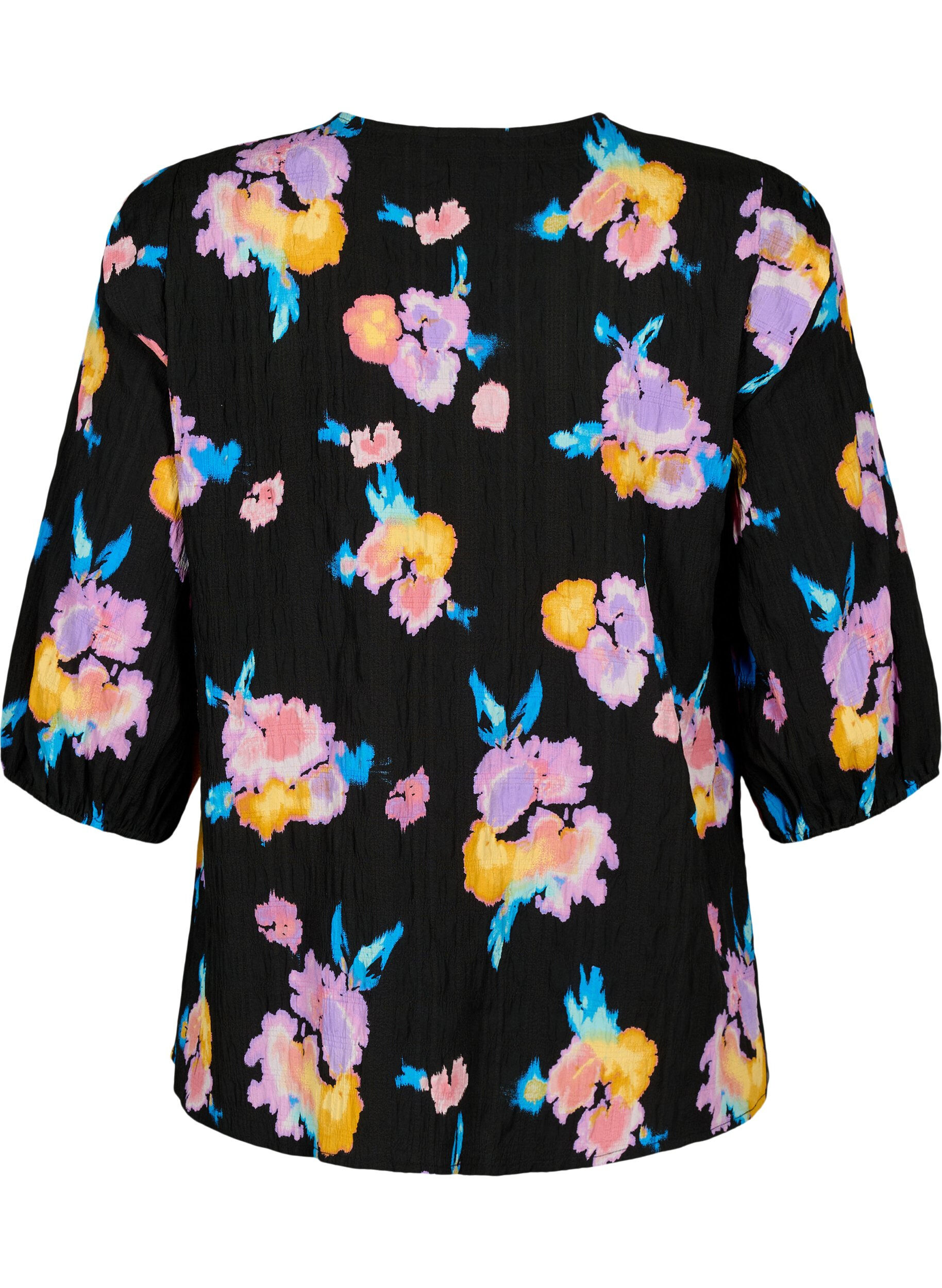 Zizzifashion Floral blouse with round neck and zip, Black, Packshot image number 1