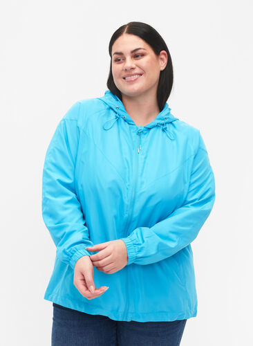 Short jacket with hood and adjustable bottom, River Blue, Model image number 0