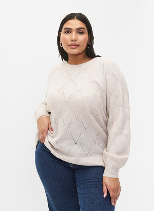 Knitted pullover with hole pattern, Birch Mel., Model image number 0
