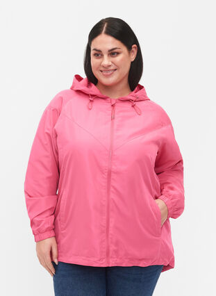 Short jacket with hood and adjustable bottom, Hot Pink, Model image number 0