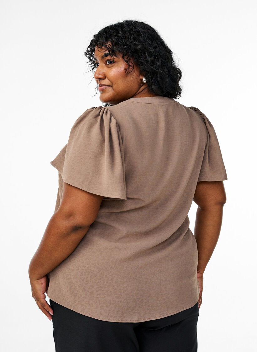 Blouse with short ruffle sleeves and V-neck, Brown, Model image number 2