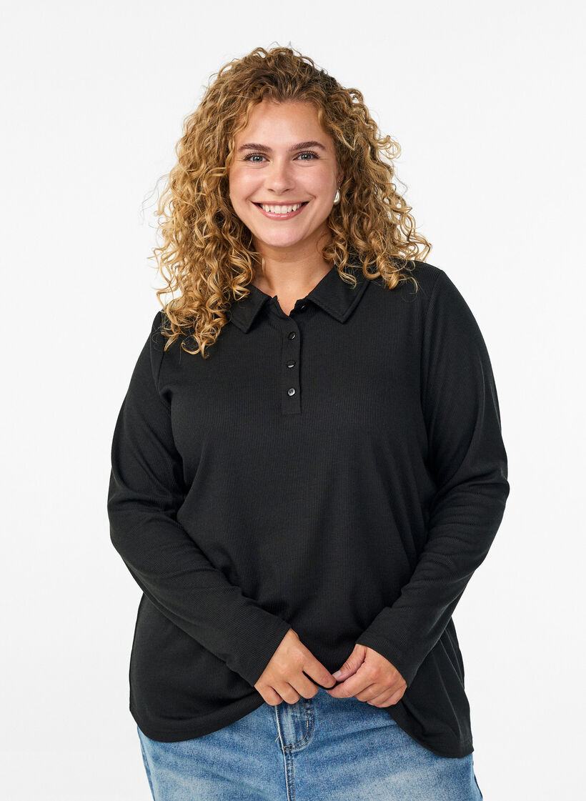 Long-sleeved polo in stretchy ribbed quality, Black, Model image number 0