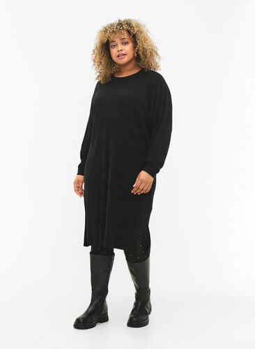 Oversized Knit Dress with Slit, Black, Model image number 0
