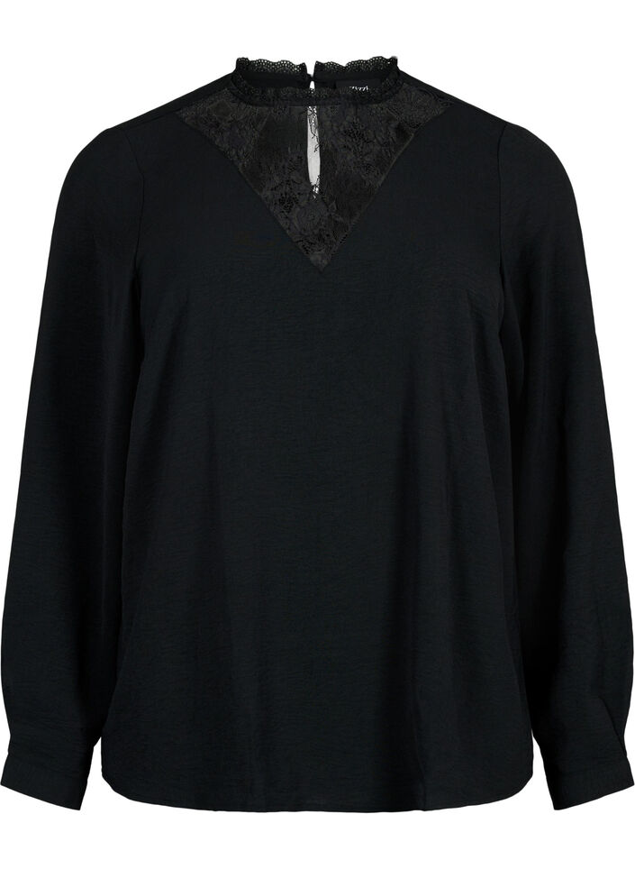 Long sleeved blouse with lace detail - Black - Sz. 42-60 - Zizzifashion