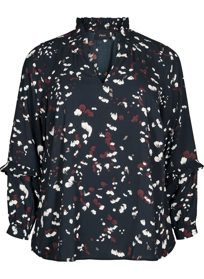 Blouse with print and ruffle details, Black, Packshot image number 0